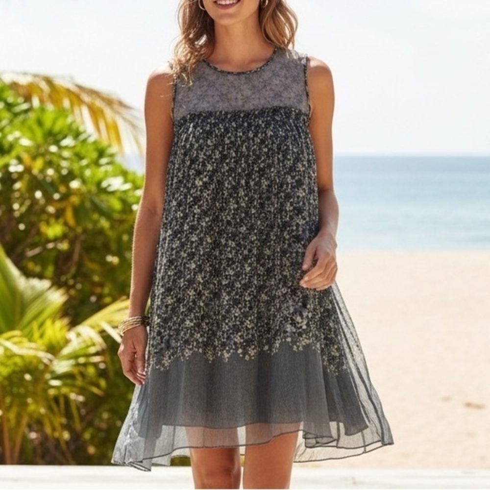 CALYPSO ST. BARTH 100% Silk Floral Smocked Sheer Mini Dress Tunic XS